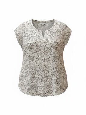 Liz Claiborne Cream Top with Black Floral Sketch Print Front Pocket Cap Sleeve